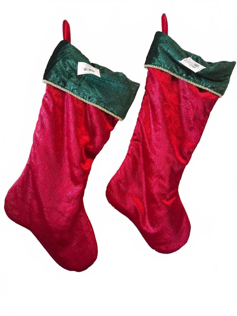 Set of 6 Red and Green Velvet Christmas Stockings with Gold Trim